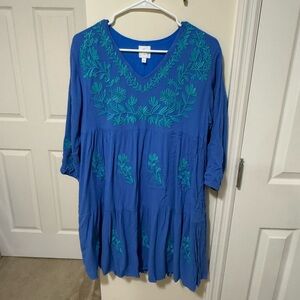 Blue Embellished Tunic Dress with Tiered Design